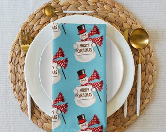 Merry Christmas Snowman Cloth Napkin Set, Holiday Table Decor, Blue Christmas, Festive Christmas Napkins, Holiday Party, Christmas Tableware