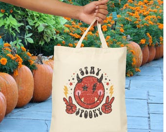 Stay Spooky Cotton Tote Bag | Eco-Friendly Shopping Bag, Halloween Gift, Reusable Grocery Tote, Beach Day Bag, Casual Carryall, Cute Devil