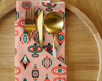 Festive Christmas Napkins Set, Midcentury Cloth Napkin Set, Holiday Party Decor, Christmas Tableware, Vintage Retro Ornaments, Pink Holiday