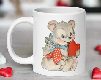 Valentine's Day Mug: Retro White Bear with Heart Lollipop