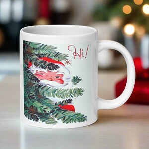 Tazza di Natale "Ciao! Babbo Natale in Pino" in stile retrò vintage di metà secolo, in ceramica, regalo unico, accogliente e carino per amico, lui e lei, cucina kitsch.