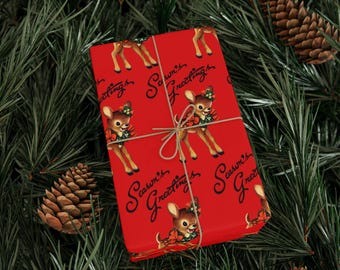 Holiday Reindeer Wrapping Paper, Season's Greetings Christmas Gift Wrap - Glossy or Matte, Festive Mid Century Retro Design, Xmas Decor