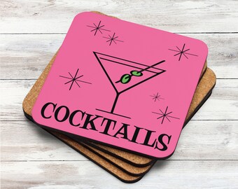 Cute Coaster Pink Martini Cocktails Green Olives Toothpick Retro Atomic Mid Century Corkback Drink Home Table Decor Gift For Friend