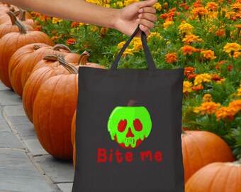 Cotton Canvas Tote Bag Bite Me Poison Apple Snow White Evil Queen Inspired Artwork Princess Halloween Gothic Cute Travel Books Eco Friendly