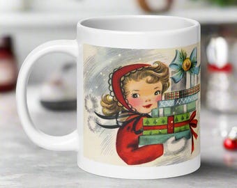 Retro Christmas Mug: Mid Century Lady with Gifts, Holiday Coffee Cup