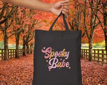 Spooky Babe Gothic Tote Bag Halloween Cotton Canvas Handbag Pastel Vintage Retro Lettering Witchy Reusable Shopping Bag Trick or Treat Gift