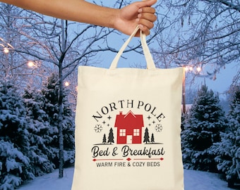North Pole Bed & Breakfast Tote Bag Holiday Gift Bag Eco-friendly Shopping Tote Christmas Canvas Bag Festive Carry-All Unique Cozy Cute Bag
