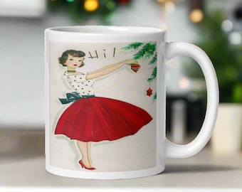 Vintage Christmas Mug: Mid-Century Woman Decorating Tree