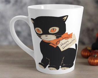 Happy Halloween Latte Coffee Mug Retrp Vintage Black Cat Orange Bow Ceramic Cup Unique Spooky Cute Gift For Friend Kitchen Decor