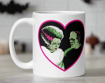 Unique Ceramic Mug: Gothic Bride Of Frankenstein & Monster Art with Bright Pink Heart | Vintage Style | Romanitc Gothic Halloween Coffee Mug