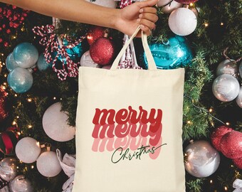 Merry Christmas Canvas Tote Bag Eco-Friendly Holiday Gift Reusable Shopping Bag Festive Tote Shopping Bag Travel Pink Groceries Books Gifts