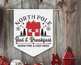 Christmas Wall Hanging Pennant Banner North Pole Bed And Breakfast Warm Fire Cozy Beds Unique Cute Home Decor Gift For Her Him Guest Room