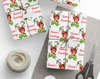 Holiday Reindeer Wrapping Papers, Christmas Gift Wrap Paper, Season's Greetings Retro Print - Glossy Or Matte, Festive Xmas Packaging