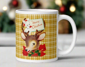Christmas Mug Merry Christmas Reindeer Bunny Retro Vintage Yellow Plaid Ceramic Coffee Cup Unique Cute Holiday Gift For Friend Him Her Decor