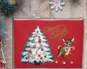 Merry Christmas Accessory Pouch Travel Bag Red Christmas Tree Reindeer Mid Century Retro Unique Cozy Cute Winter Holiday Gift For Him Her