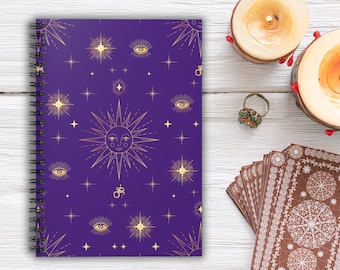 Gold Sun with Stars Tarot Style Spiral Notebook  Tarot Journal  Purple Gold Tarot  Gift For Friend  Ruled Line