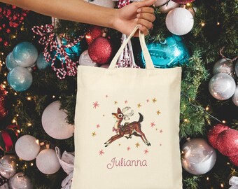 Personalized Christmas Reindeer Cotton Canvas Tote Bag, Holiday Gift, Eco-Friendly Bag, Custom Name Tote, Cute Shopping Tote Vintage Retro