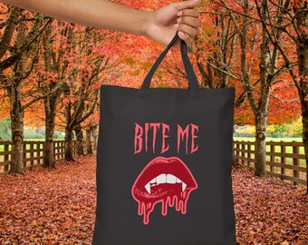 Bite Me Vampire Fangs Tote Bag Halloween Gothic Cotton Canvas Fabric Spooky Unique Gift For Her Him Reusable Eco Friendly Books Travel Beach