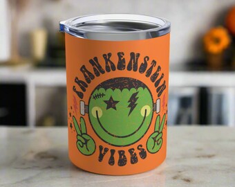 Halloween Tumbler Frankenstein Vibes Orange Travel Coffee Cocktails Drink Mug Stainless Steel 10oz Eco-Friendly Spooky Cute Gift For Friend