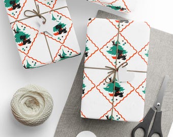 Gift Wrap Paper, Christmas Scottie Blackbird Tree Mid Century Retro Print, Glossy Matte Holiday Wrapping Papers, Holiday Gift Wrap