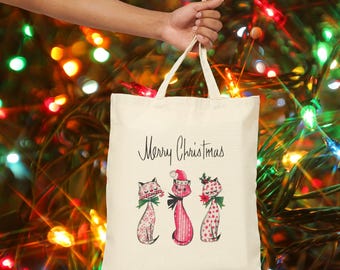 Festive Cat Christmas Tote Bag Holiday Tote Gift Bag Eco-Friendly Shopper Cute Cat Lover Accessory Merry Christmas Atomic Midcentury Retro