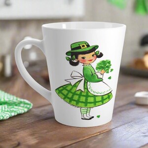 St. Patrick&#39;s Day Mug Retro Midcentury Shamrock Girl Latte Ceramic Coffee Cup Unique Cozy Cute Irish Spring Holiday Gift For Her Him Lucky