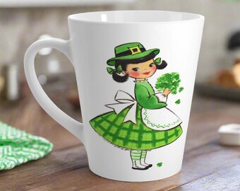 St. Patrick's Day Mug Retro Midcentury Shamrock Girl Latte Ceramic Coffee Cup Unique Cozy Cute Irish Spring Holiday Gift For Her Him Lucky