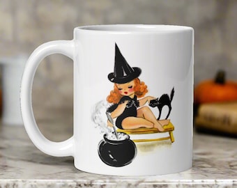 Halloween Mug Orange Witch Black Cat Calderon Retro Vintage Midcentury Ceramic Coffee Cup Unique Spooky Cute Gift For Her 1950s Redhead