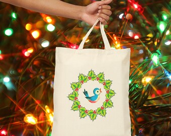 Christmas Bluebird Tote Bag, Canvas Tote Bag - Eco-Friendly, Reusable Shopping Bag, Holiday Gift, Midcentury Retro Wreath Unique Winter Gift