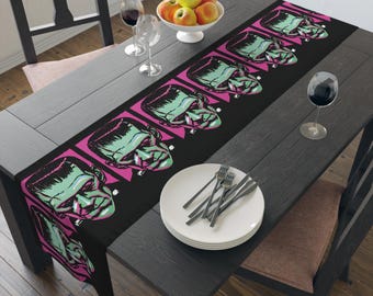 Frankenstein Monster Retro Halloween Table Runner, Cotton Polyester, Halloween Kitchen Decor, Gothic Home Decor, Spooky Dinner Party,