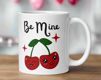 Be Mine Valentine's Day Mug Retro Red Cherries Stars Ceramic Coffee Cup Unique Cozy Cute Romantic Love Gift For Him Her Girlfriend Wife