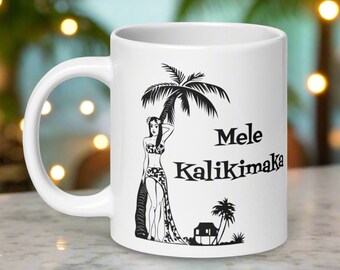 Christmas Mug Mele Kalikimaka Hawaiian Girl Palm Tree Atomic Midcentury Retro Ceramic Coffee Cup Unique Cozy Cute Tropical Gift For Friend