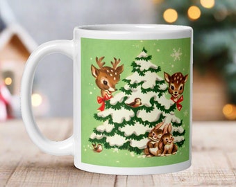 Retro Christmas Mug Reindeer In Snowy Tree With Bunnies And Birds Green Mid Century Vintage Print Glossy Ceramic Coffee Cup Kitsch Cute Gift
