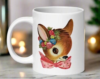 Retro Reindeer Christmas Mug - Pink Bow, Gold Star Wreath