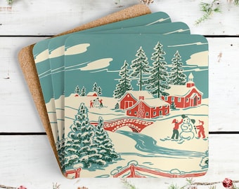 Retro Winter Village Coasters | Mid-Century Holiday Cork Coaster Set