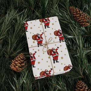 Christmas Santa Gold Stars Wrapping Papers, Glossy Matte Retro Mid Century Holiday Gift Wrap, Diverse Santa Print, Festive Xmas Gift Wrap