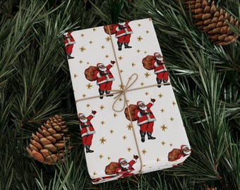Christmas Santa Gold Stars Wrapping Papers, Glossy Matte Retro Mid Century Holiday Gift Wrap, Diverse Santa Print, Festive Xmas Gift Wrap