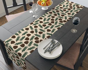 Christmas Pinecones Sprigs Cotton Poly Table Runner - Holiday Dinner Decor, Festive Dining, Xmas Kitchen Table Linens, Winter Home Decor,