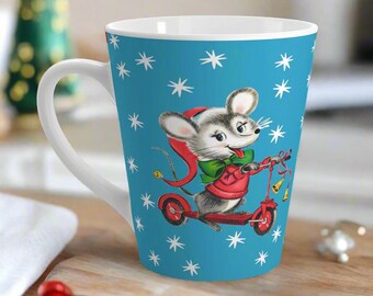 Retro Christmas Mouse Mug Santa Hat Scooter Stars Blue Midcentury Vintage Ceramic Coffee Cup Unique Cozy Cute Kitsch Gift For Him Her Winter