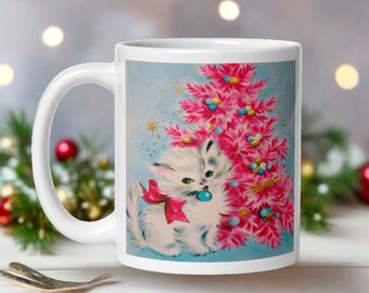 Christmas Mug White Kitten With Bow Pink Tree Mid Century Retro Vintage Print Glossy Ceramic Coffee Cup Kitschy Cute Unique Gift For Her