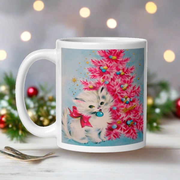 Christmas Mug White Kitten With Bow Pink Tree Mid Century Retro Vintage Print Glossy Ceramic Coffee Cup Kitschy Cute Unique Gift For Her