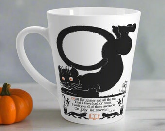 Halloween Latte Coffee Mug Black Cat Poem Retro Vintage Glossy Ceramic Cup Unique Spooky Cute Gift For Friend Cat Lover Witchy Kitchen Her
