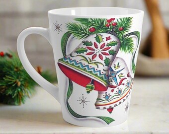 Vintage Midcentury Retro Christmas Bells Mug | Cozy Winter Holiday Coffee Cup | Retro Christmas Latte Mug | Unique Vintage Ceramic Gift