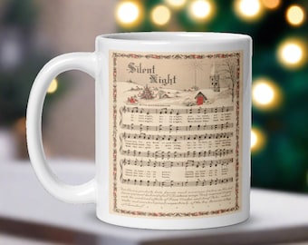 Christmas Mug Silent Night Retro Vintage Sheet Music Glossy Ceramic Coffee Cup Cozy Unique Gift For Friend Musician Pianist Kitchen Decor