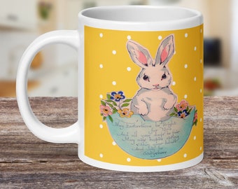 Easter Bunny Mug Retro Vintage Midcentury Yellow White Polka Dots Ceramic Coffee Cup Unique Cozy Cute Spring Holiday Gifts  For Her Him