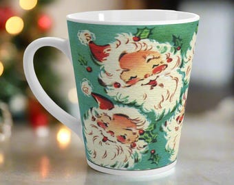 Retro Christmas Latte Mug, Cute Laughing Santas Coffee Cup, Holiday Midcentury Drinkware, Festive Xmas Gift, Vintage Santa Claus Mug, Kitsch