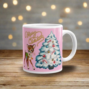 Christmas Mug Merry Christmas Reindeer Mug White Teal Tree Pink Mid Century Retro Christmas Print Unique Kitschy Cute Gift For Her Friend