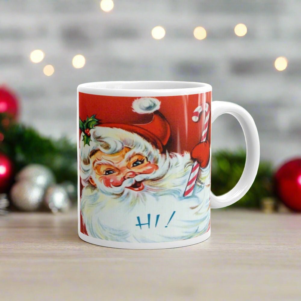 Christmas Mug Hi! Santa Candy Cane Retro Vintage Midcentury Ceramic Coffee Cup Unique Cozy Cute Gift For Friend Him Her Kitchen Decor Kitsch