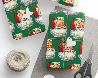 Wrapping Paper, Christmas Santa Gift Wrap Retro Vintage Holiday Roll, Glossy Matte Winter Kitsch Midcentury, Unique Cute Santa Paper