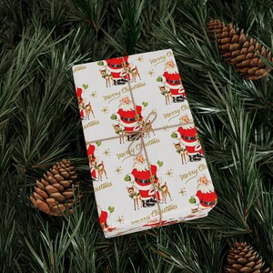 Christmas Wrapping Papers, Holiday Gift Wrap, Santa Reindeer Retro Print, Glossy Matte, Gold Stars, Mid Century Santa, Vintage Kitsch Gift